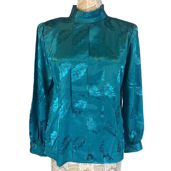 Vintage Nicola green folage blouse with high neck back button closing size 12 - Picture 1 of 10